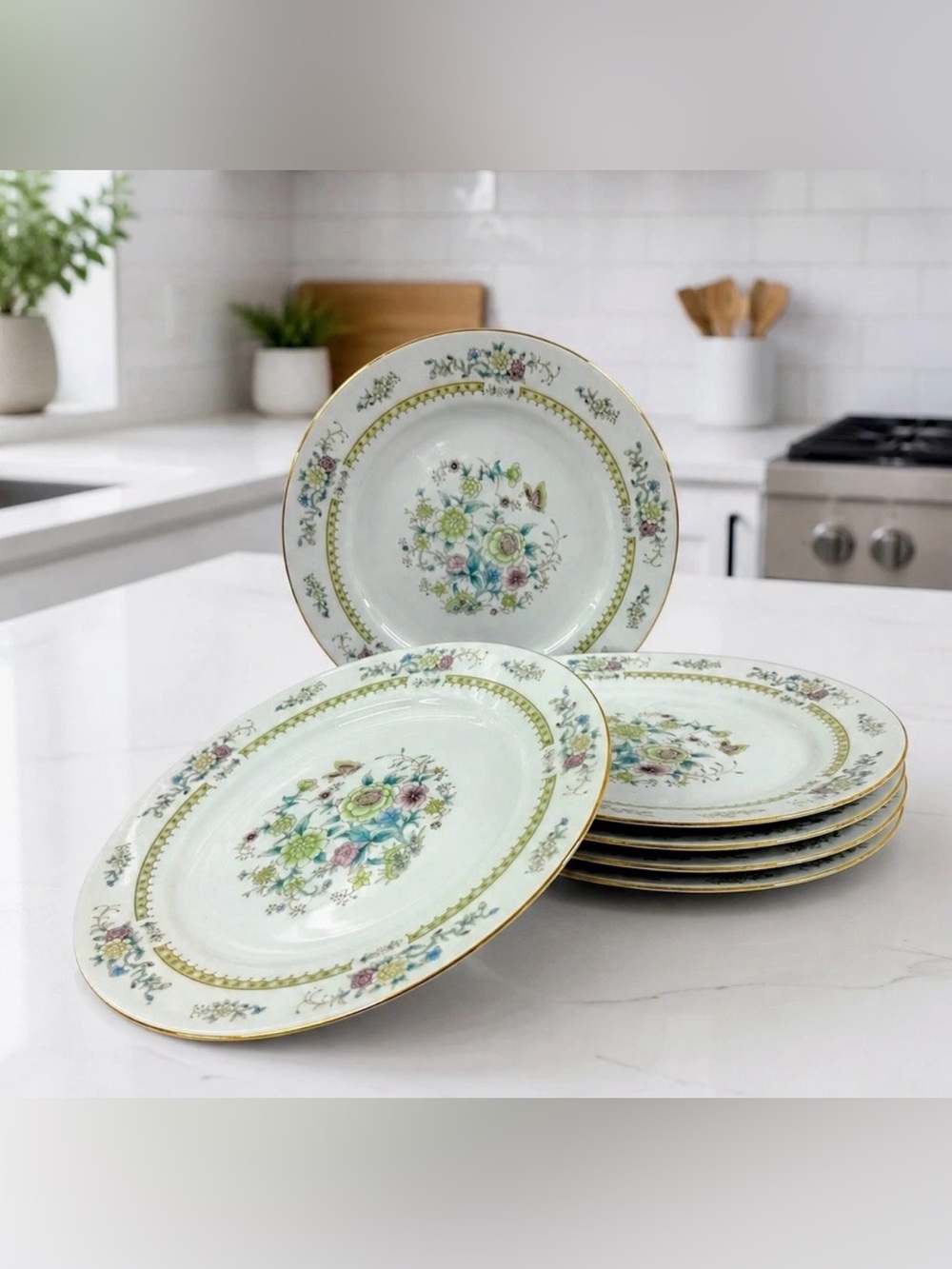Baum Bros Ming Floral Set of 6 Dinner Plates 10.5” Fine China Gold Trim